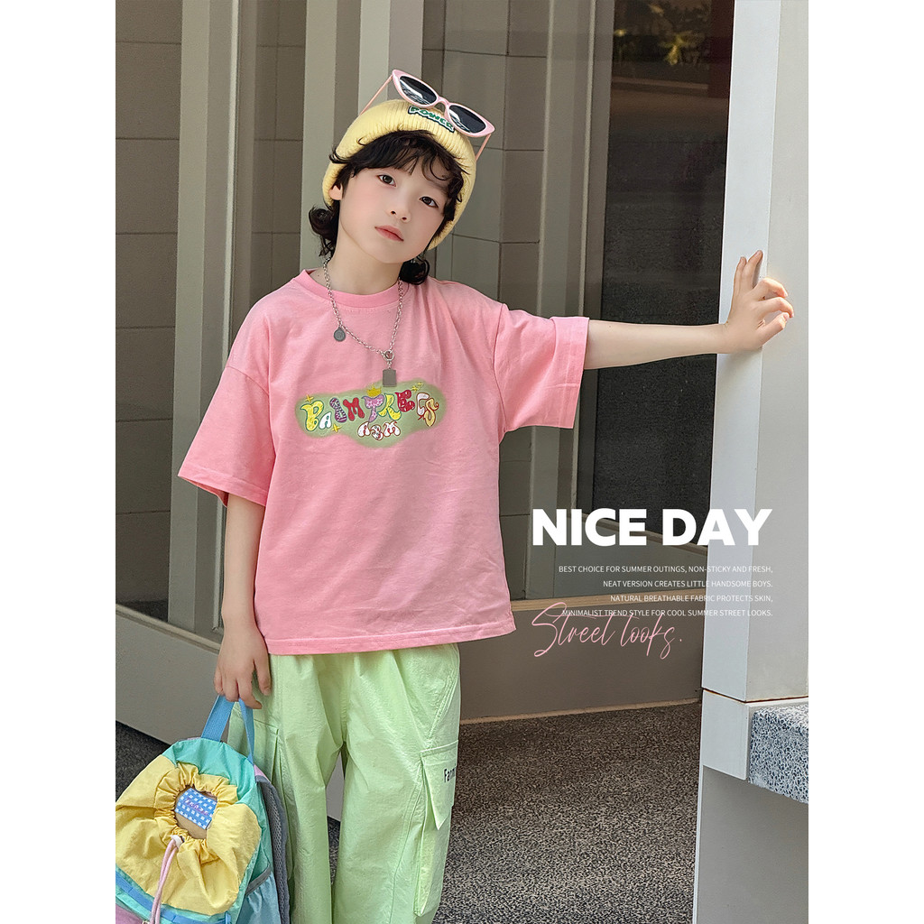 Meninos rosa de manga curta puro algodão impresso camiseta crianças 2026 novo estilo versão coreana verão moda topo solt