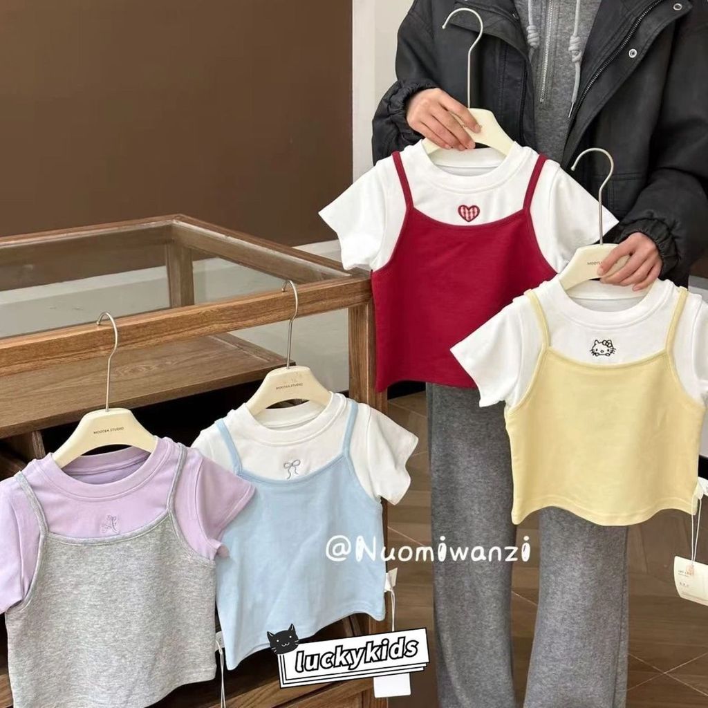 100 % Algodão Coreano Bebê Meninas Remendo Cor Bordado Falso Duas Peças Camiseta Verão Bonito Crianças Macio Respirável