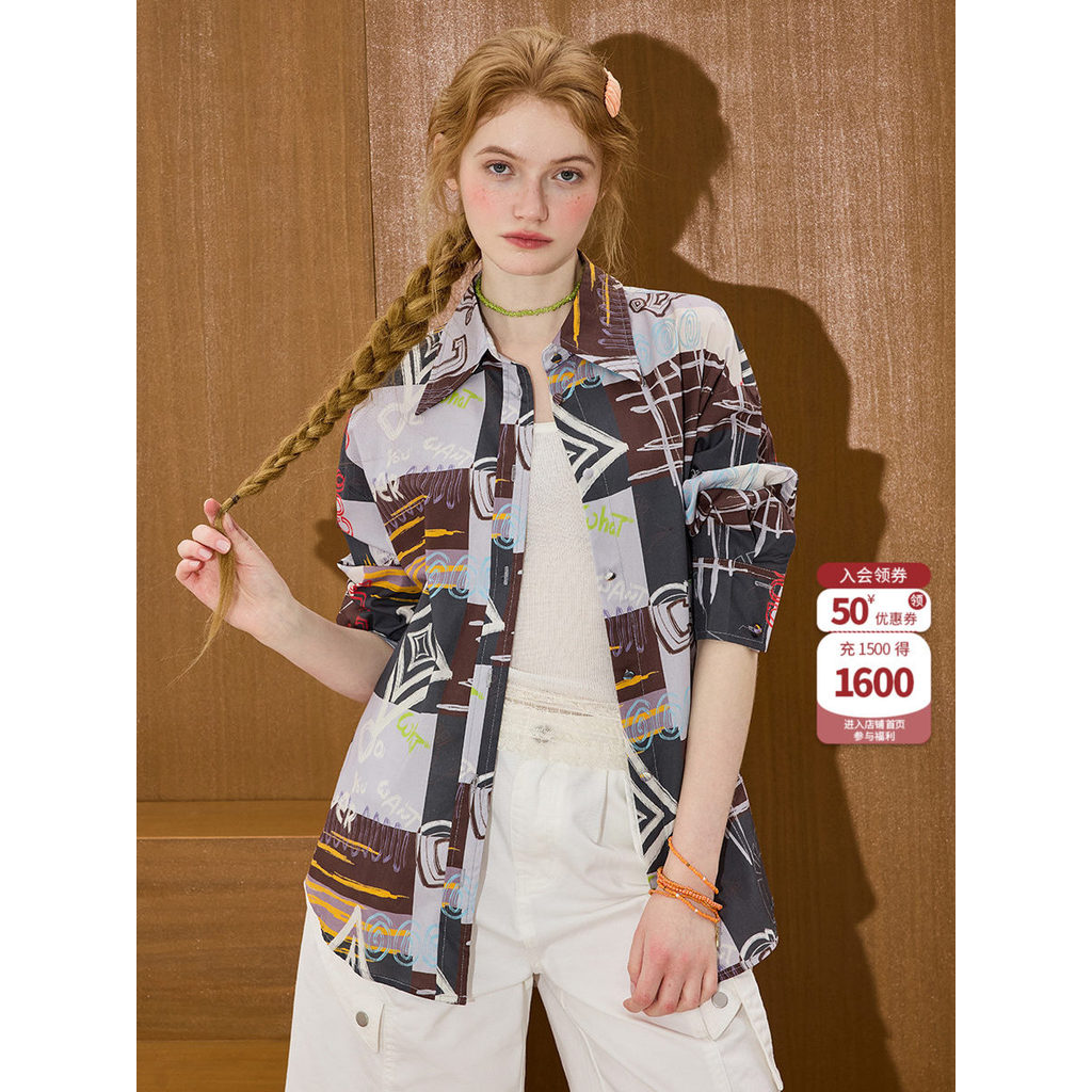 Coolhut2026 Primavera Puro Algodão Impresso Design de Manga Comprida Retro Carta Camisa Feminina All-Match Nicho