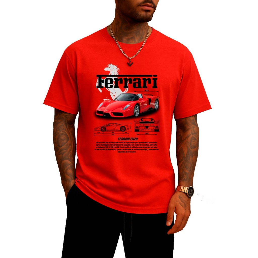 Camiseta Masculina Carro Esportivo Ferrari Enzo Luxo Estampa Automotiva Corrida Streetwear Algodão Confortável