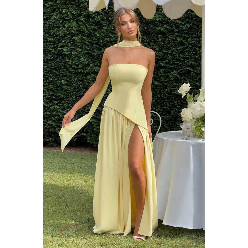 2025 Vestido Feminino Sem Alças de Cor Sólida com Fenda Moda Sexy Costas Descobertas Vestido Longo com Fenda Alta Novo A