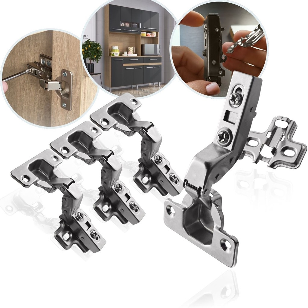 Kit 4 Dobradiça Super Curva Embutir 35mm Click Amortecedor Portas Móveis Armário Caneco Resistente Mola Calço Soft Close