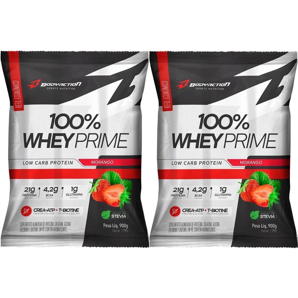Kit 2X 100% Whey Prime - 900g Refil Morango - BodyAction