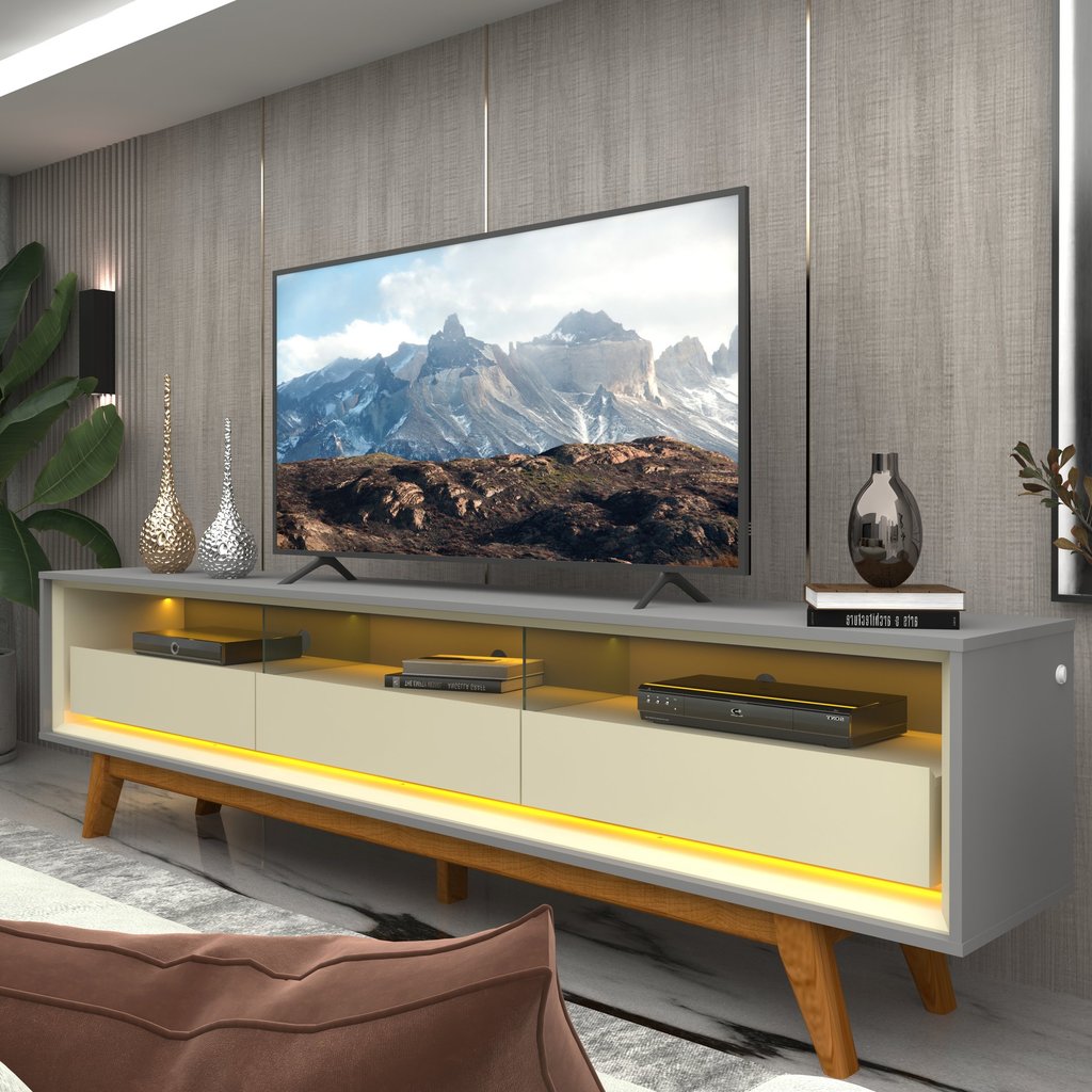 Rack para TV até 85 Polegadas com LED e Pés Madeira Maciça 211,4cm 100% MDF Requinte Cinza/Off White em Oferta na Shopee