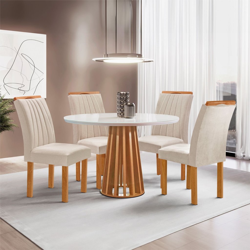 Conjunto Mesa Tampo Redondo Plus Vidro Kansas 100cm 4 Cadeiras Arizona Cinamomo/Off White/Suede Bege