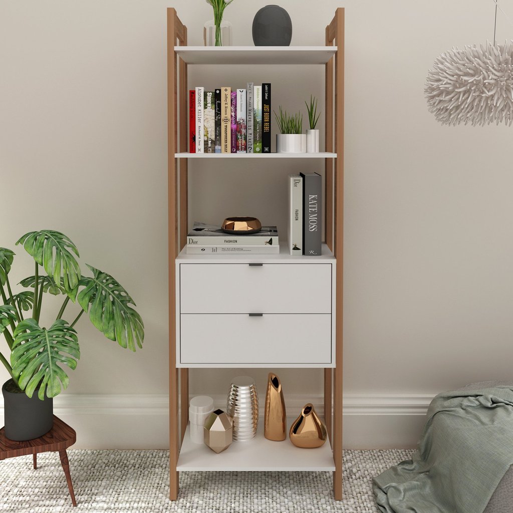 Estante para Livros 2 Gavetas Centro 185cmx65cm Haia Yescasa Amêndoa/Branco em Oferta na Shopee