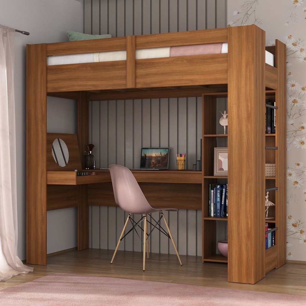 Cama Alta Multifuncional com Escrivaninha Penteadeira Nogal em Oferta na Shopee