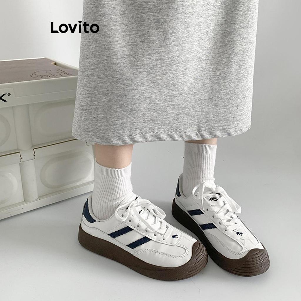 Detalhes do Lovito Tênis de treinamento alemão casual colorblock liso para mulheres LFA43339