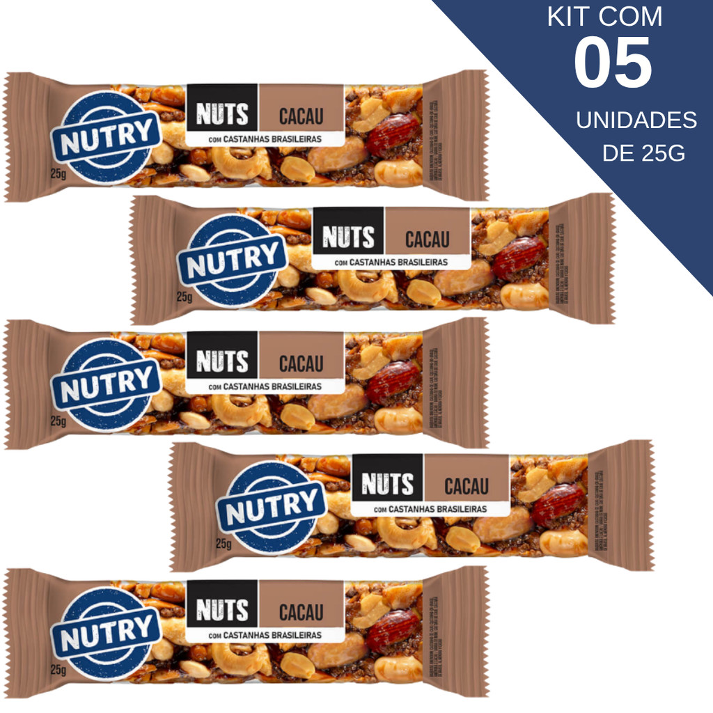 Kit Com 5 Barra De Cereal Nuts Cacau Com Castanhas Brasileiras Nutry De 25g