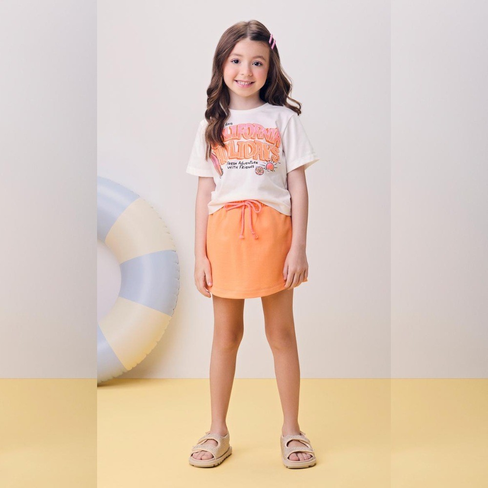 Conjunto Menina Momi Blusa Algodão e Shorts Moletom Off White/Laranja