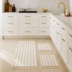 Kit Tapete 3 Peças Listrado Com Franjinhas Búzios Para Cozinha, Lavanderia Moderna, Copa Americana E Varanda Clean