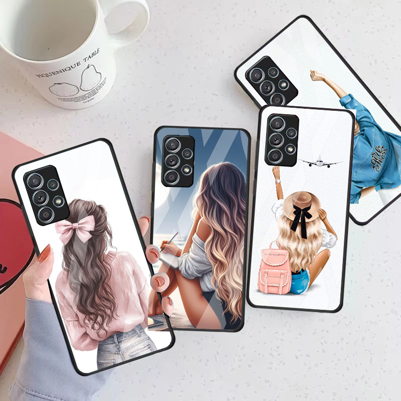 Linda Menina Caso De Telefone Vidro Para Samsung Galaxy A16 A15 A25 A35 A55 A53 A54 A34 A14 A32 A52 4G 5G Capa A56 A54