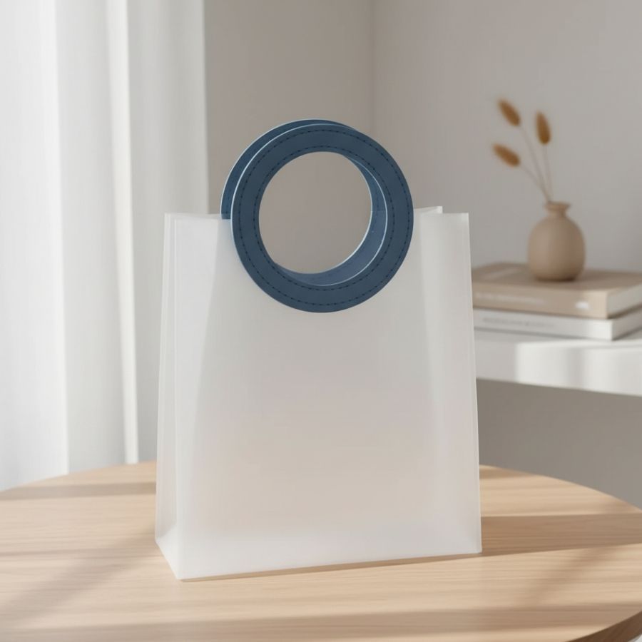 Sacola Transparente Fosca PVC com Alça Redonda de Couro Azul - 27x23x11cm - 1 unidade