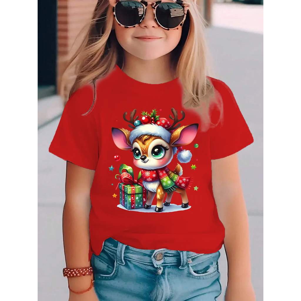 amiseta Infantil de Natal Menina Estampa Cervo e Letras Gola Redonda Manga Curta Verão 2 a 14 anos
