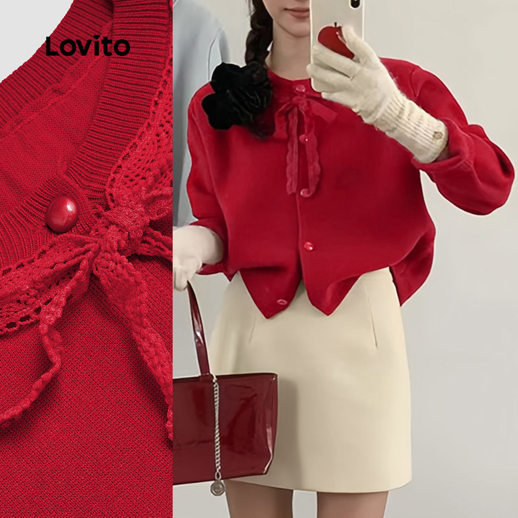 Lovito Cardigãs Casuais Clássicos E Versáteis Com Cadarço Vermelhos Para O Outono/inverno Para Mulheres L155AD381 em Oferta na Shopee