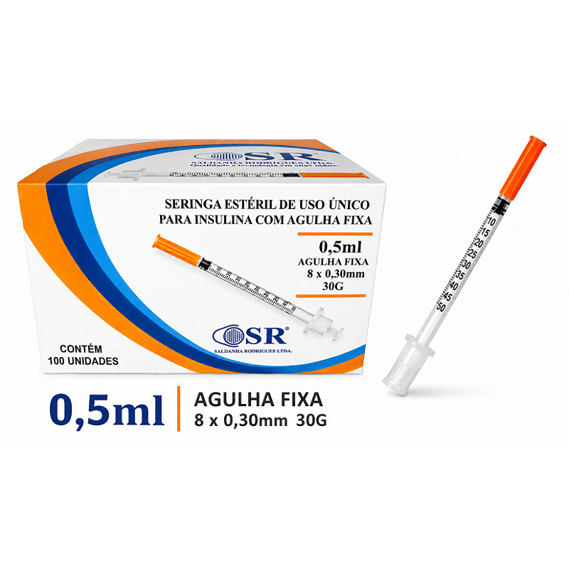 Caixa C/100 Seringas de Insulina 0,5ml (50UI) Agulha Fixa 8 x 0,30mm (30g) - SR