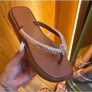 Sandalia Rasteirinha Feminina Elegante Bico Quadrado Detalhe Strass Nó Brilhante Chinelo …