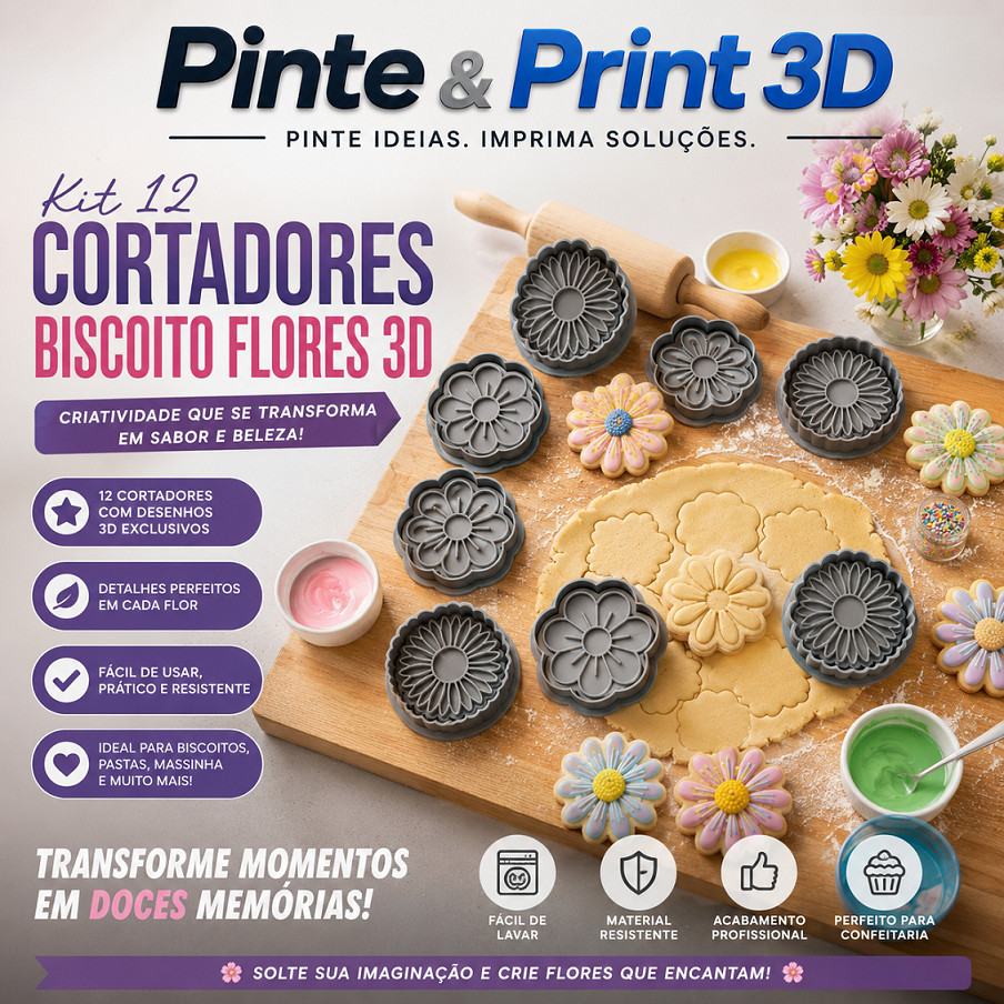 Kit 12 Cortadores e Marcadores Flores 3D | Moldes para Biscoitos, Pasta Americana e Fondant | Impressão 3D