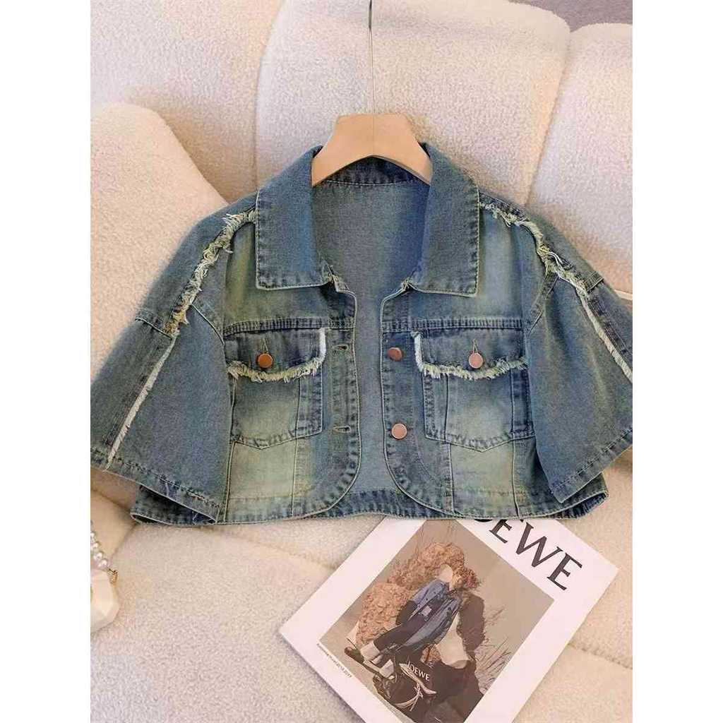 Jaqueta jeans fina com borla desgastada feminina pequena verão retrô desgastada lapela curta jaqueta Cargo Top
