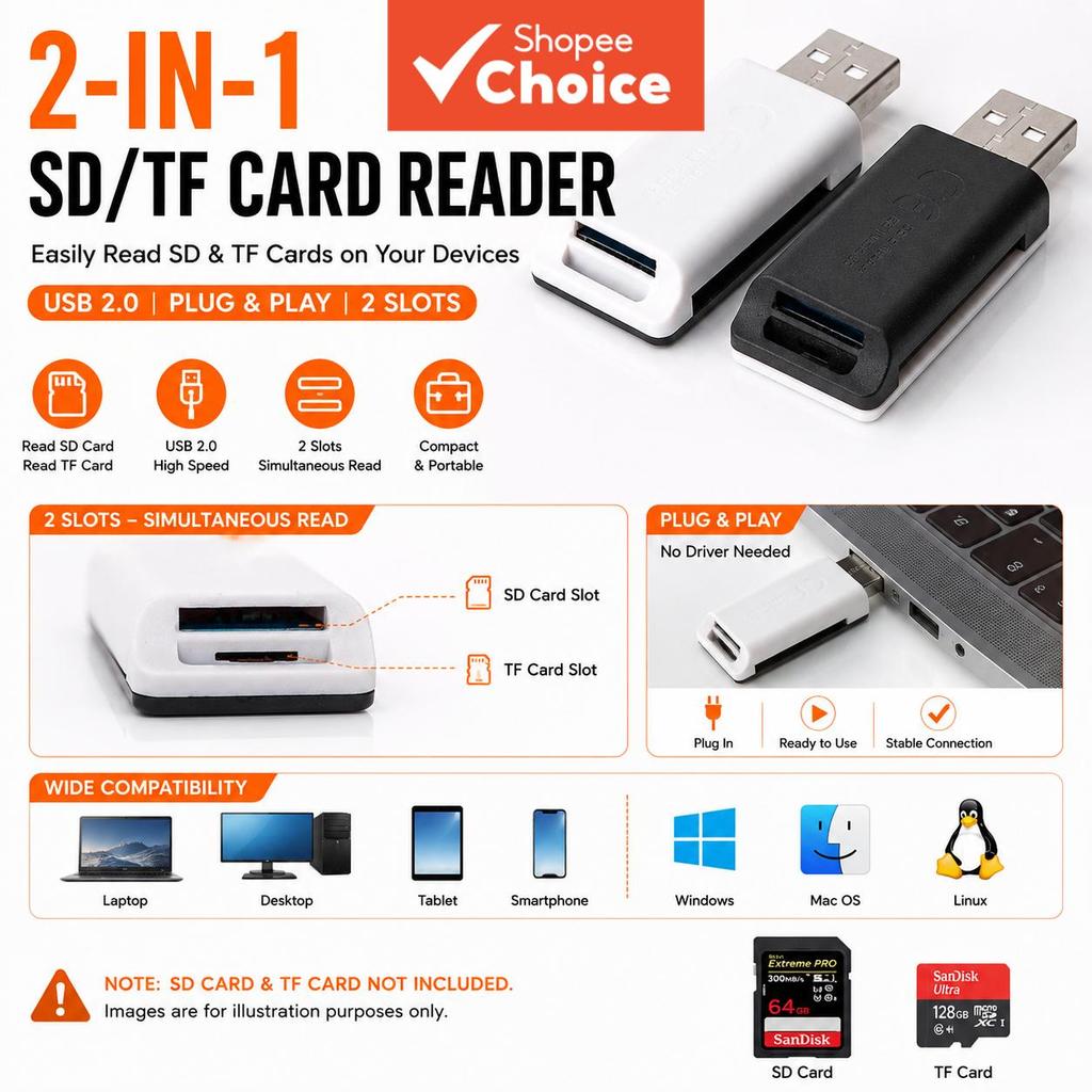 Leitor de Cartão 2 em 1 SD/TF 10 UN USB 2.0 Alta Velocidade, Cartão de Memória Externo para Computador, Celular e Câmera