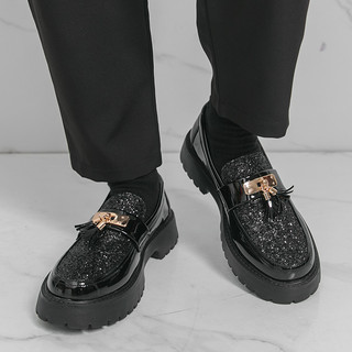 Novo estilo de lantejoulas borla mocassins masculinos de sola grossa sapatos de couro casuais aumentados deslizamento em