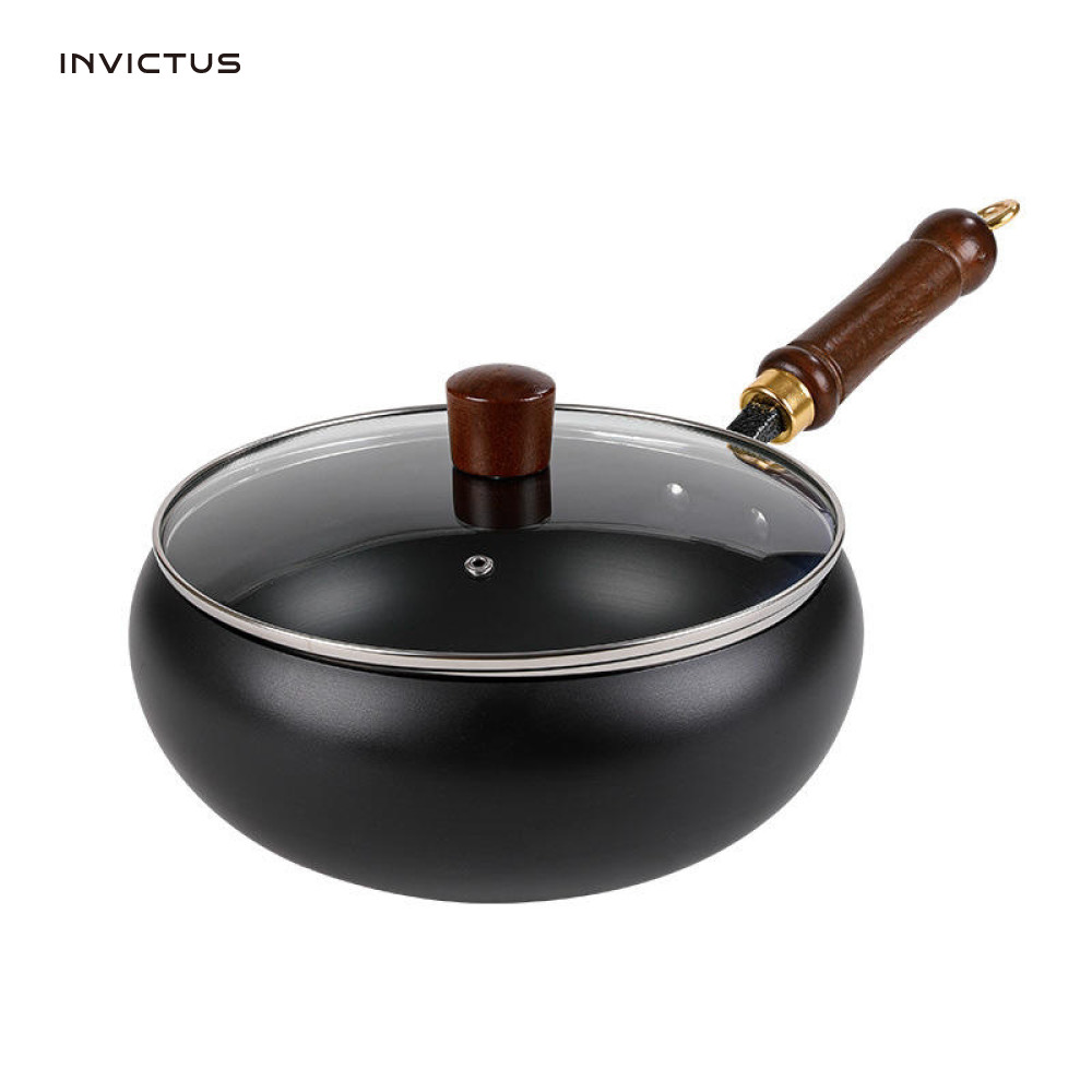 Frigideira Wok Funda de Ferro Fundido 26cm com Tampa de Vidro Antiaderente Rústica