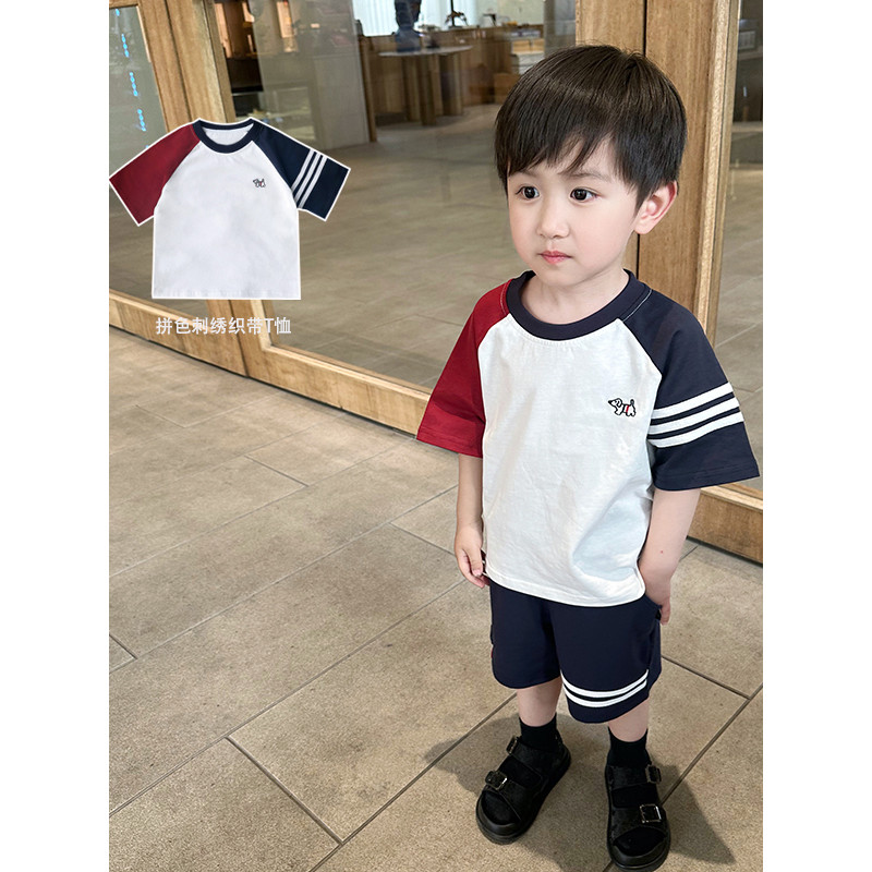 2025 primavera outono novo estilo estilo coreano crianças bebê moda cor combinando bordado camiseta meninos Casual manga