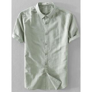 2026 novo estilo de verão masculino manga curta algodão linho camisa Casual linho magro-ajuste camisa verde do exército 