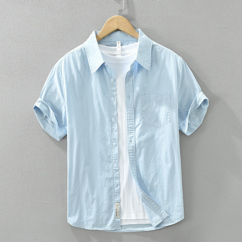 Camisa masculina de manga curta de algodão puro estilo Casual lapela azul All-Match juventude estilo fino camisa masculi