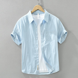 Camisa masculina de manga curta de algodão puro estilo Casual lapela azul All-Match juventude estilo fino camisa masculi