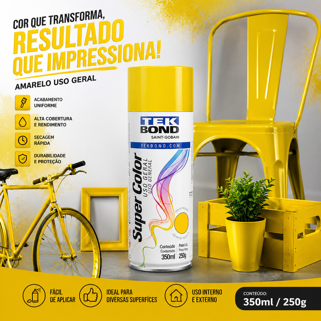 Tinta Spray Amarelo Brilhante Tekbond 350ml Uso Geral Secagem Rápida
