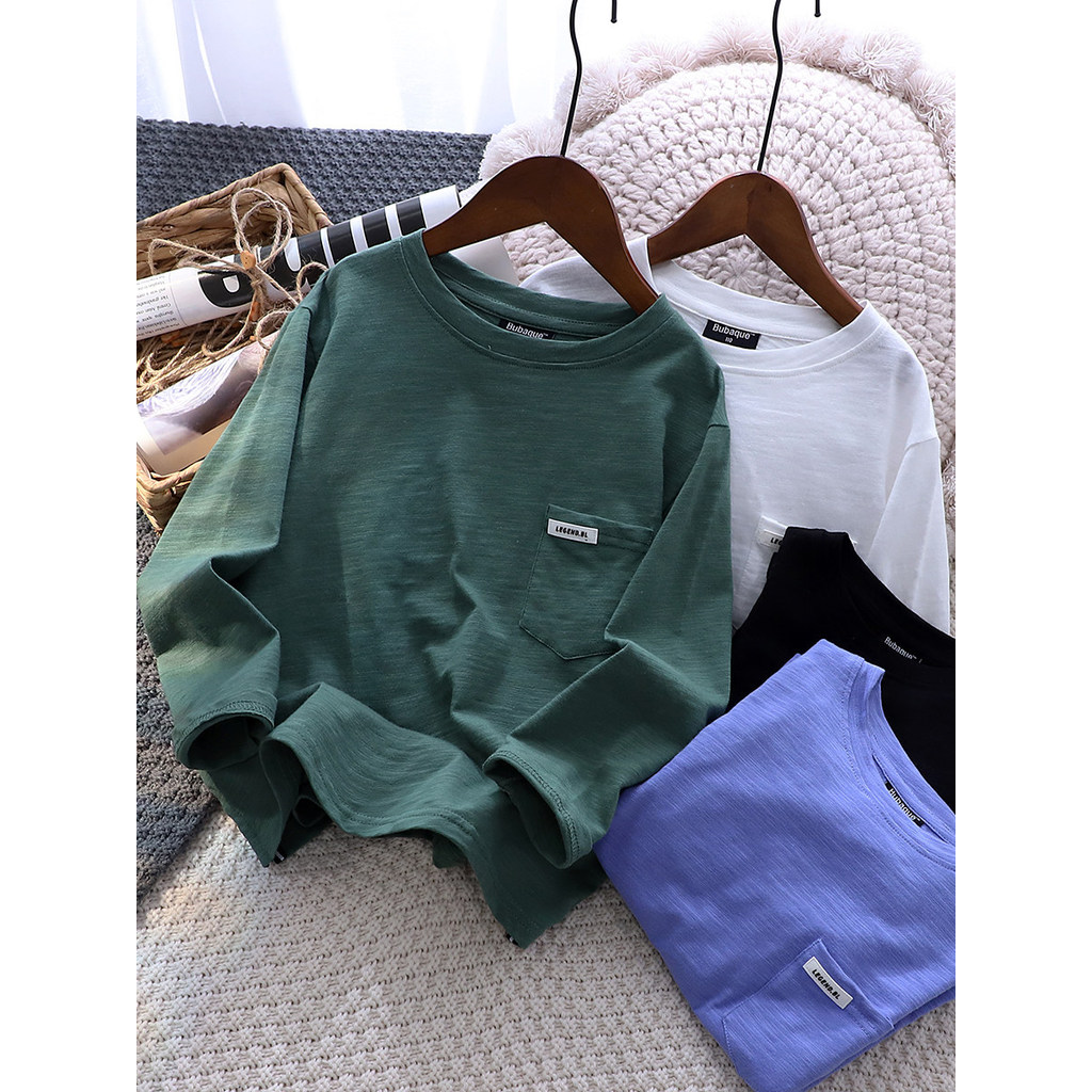 Crianças de manga comprida camiseta Slub algodão fino topos médio grande crianças puro algodão outono roupas primavera o