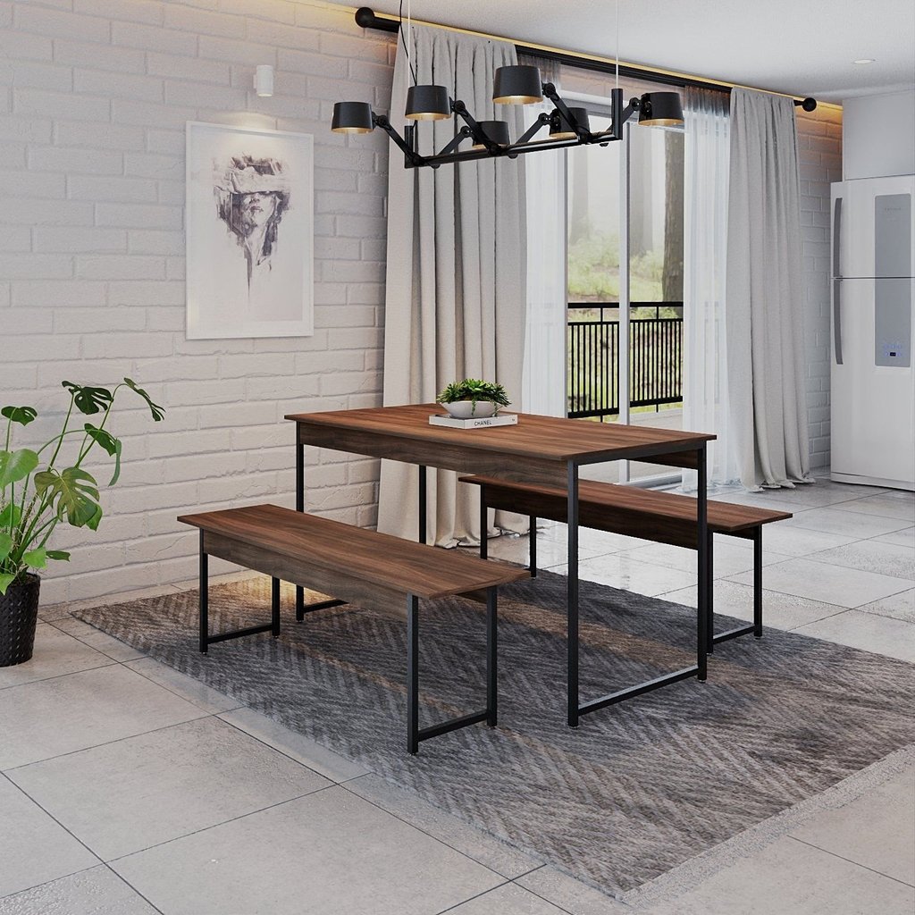 Conjunto Mesa de Jantar e 2 Bancos Industrial Aço MDP 135cm Preta e Marrom Yescasa Nogal Nogal