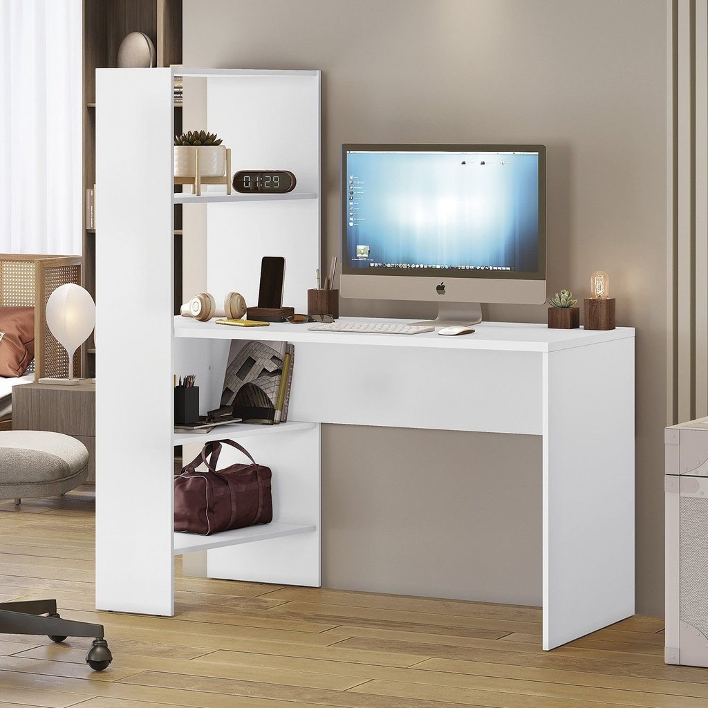 Mesa Office Escrivaninha com Torre e Prateleiras Nt 2105 123,2cm Branco New Branco New