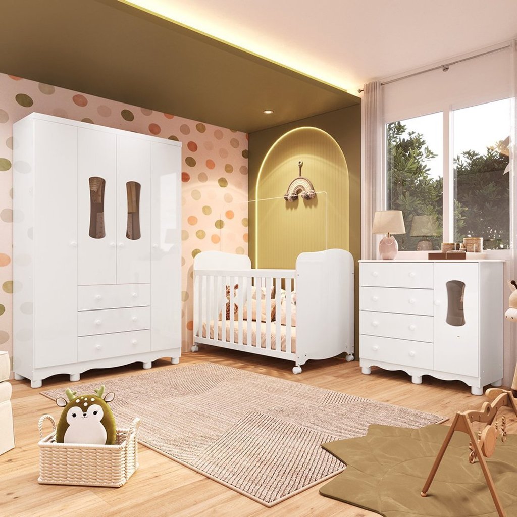 Quarto de Bebê Guarda-Roupa 4 Portas Cômoda e Berço 100% MDF Lana Espresso Móveis Branco Brilho Branco/Brilho