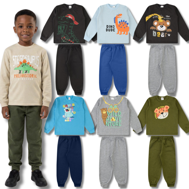 Kit 2 Conjuntos Moletom Masculino/Menino Infantil - 2 Casacos + 2 Calças Moletom Peluciado Inverno