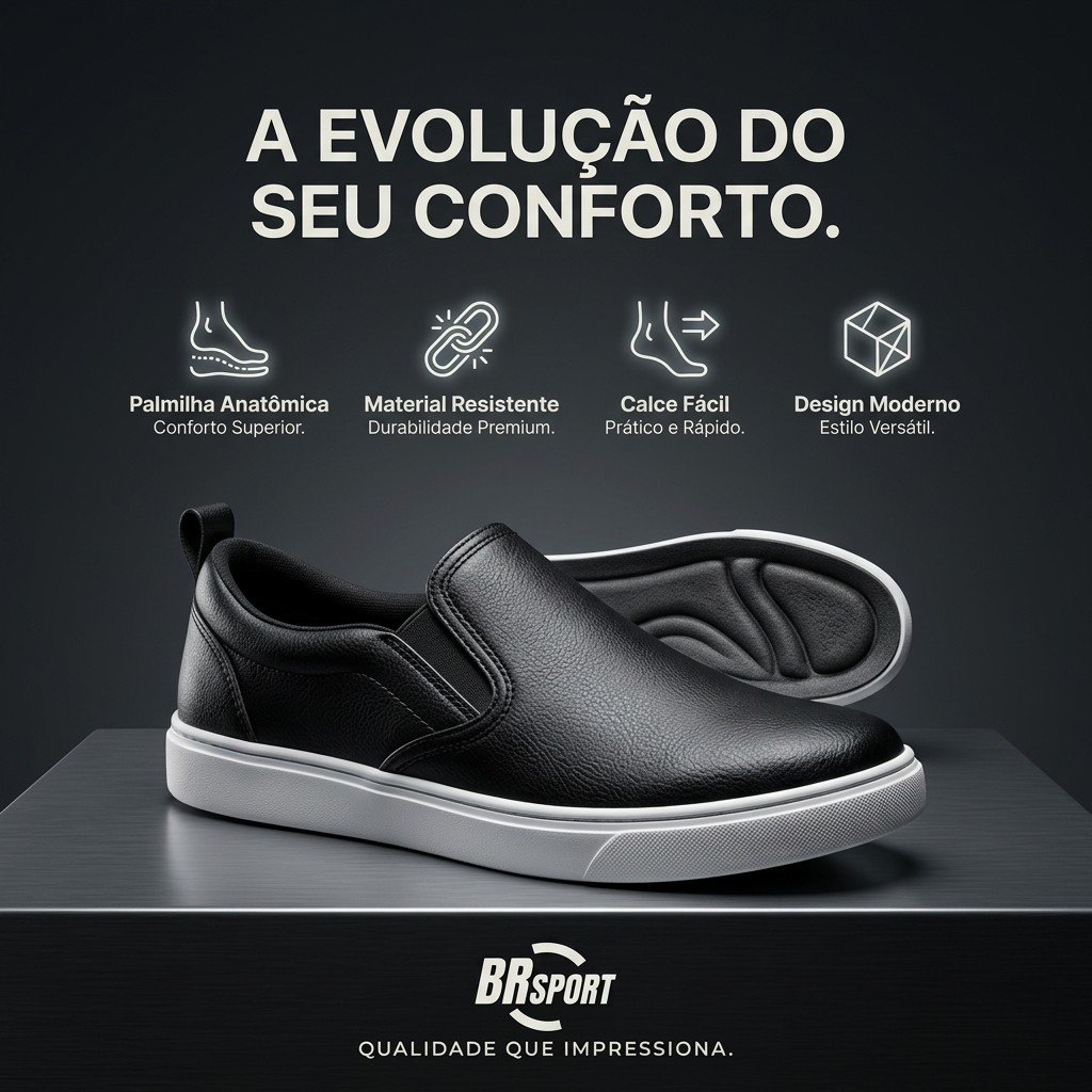 Tênis BR Sport Masculino Slip On Sem Cadarço Calce Fácil Confortável Original Caminhada Academia Trabalho Dia A Dia