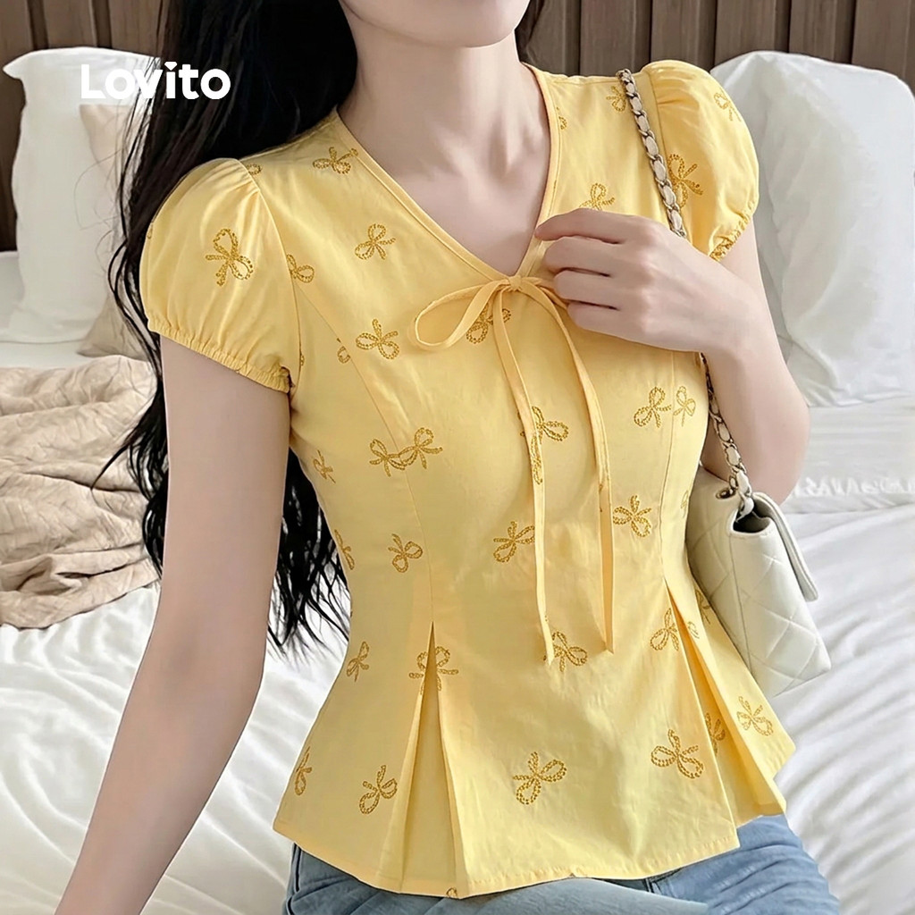 Lovito Blusa Casual com Padrão Plissada Leve Amarela para Mulheres L198ED3103 · foto 2