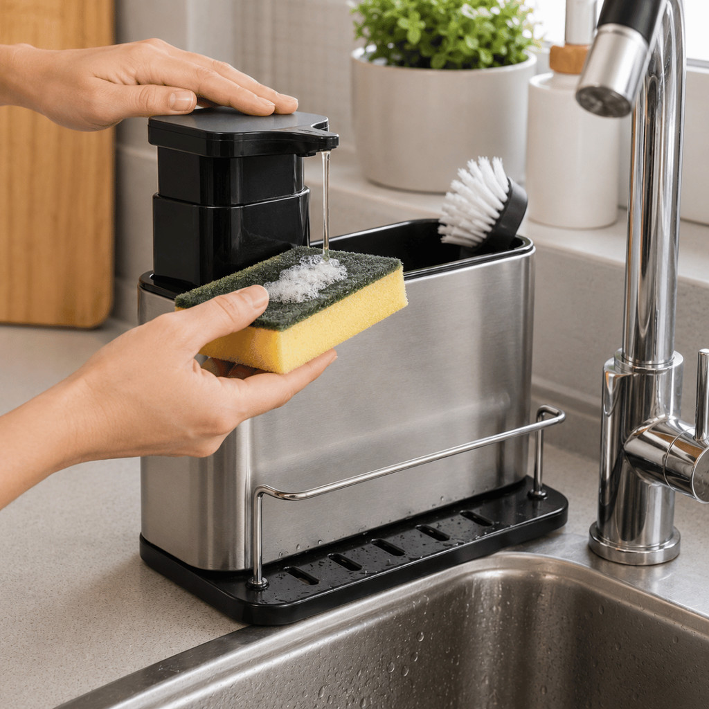 Organizador de Pia Aço Inox com Dispenser Porta Esponja Escorredor Multiuso para Cozinha Compacta