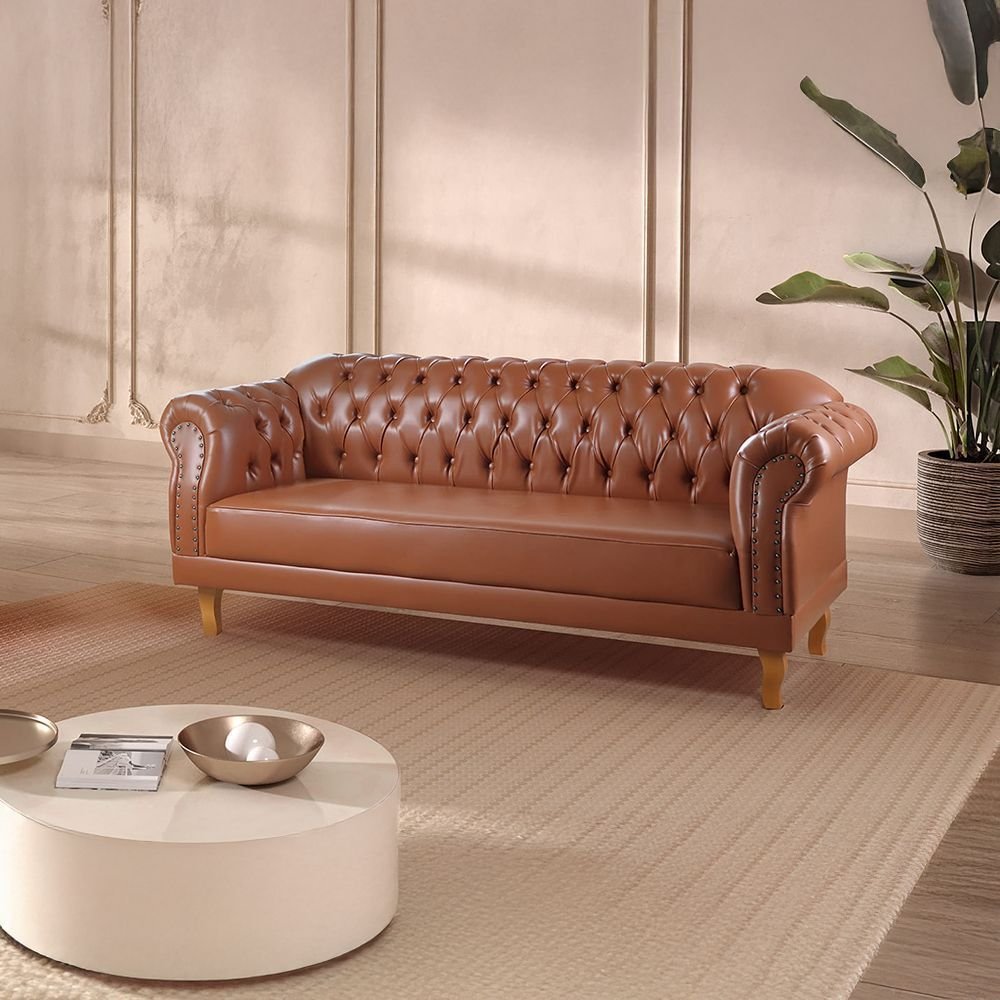 Sofá Chesterfield 3 Lugares Couro Sintético Marrom Duque 200cm Yescasa Caramelo