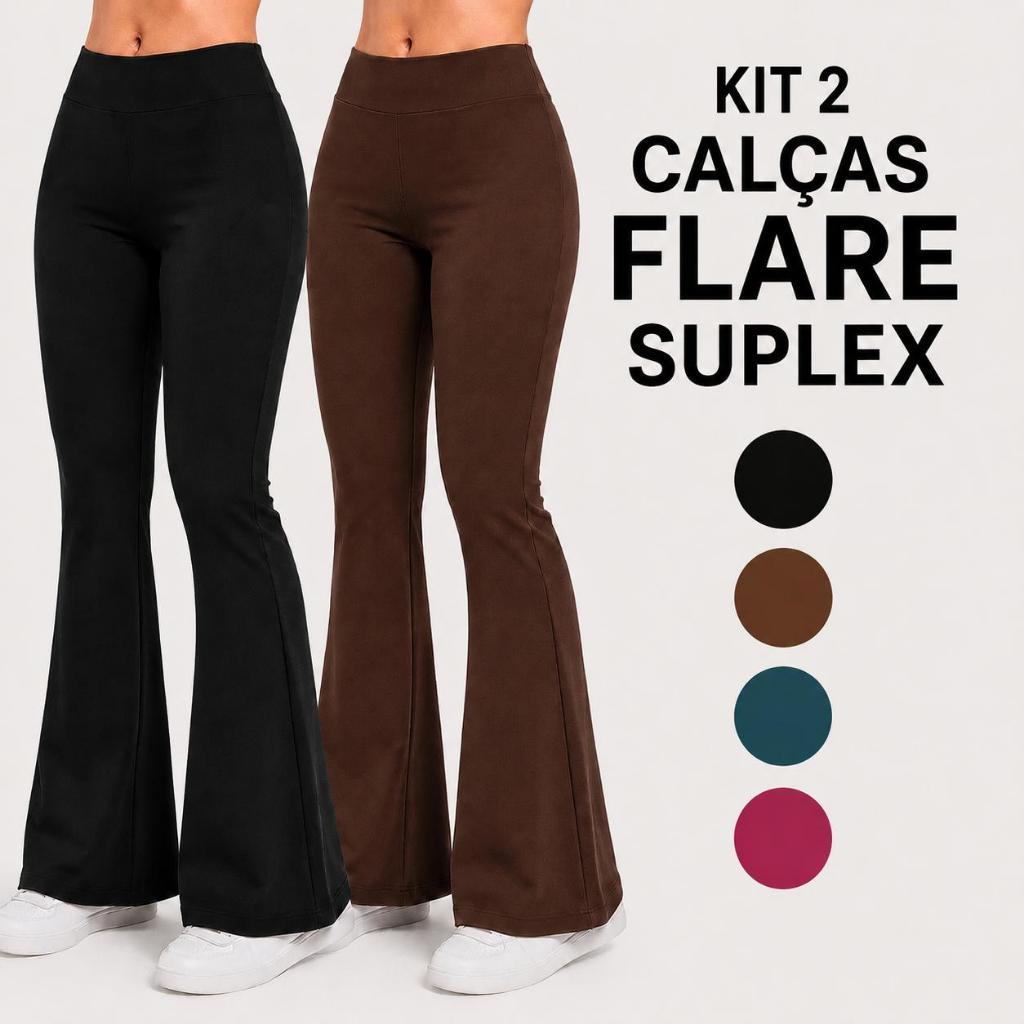 Kit 2 Calças Flare Feminina Cintura Alta Sem Transparência Confortável Suplex Premium