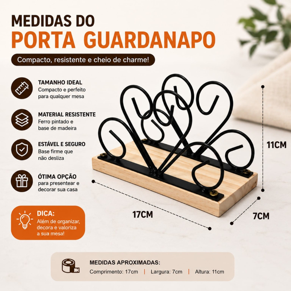 Porta Guardanapo Decorativo em Metal e Madeira | Retrô Elegante para Mesa Posta e Cozinha