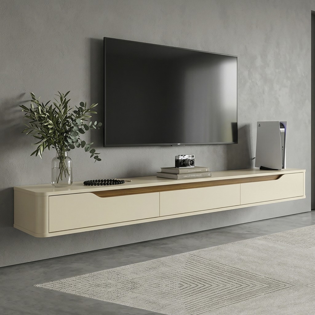 Rack Suspenso Slim Curvo 220cm para TV Até 70” Moderno Luxo com Portas Basculantes - Olivar Móveis