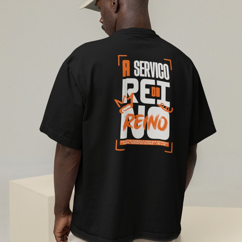 Camiseta Oversized Plus Size Cristã Católica Gola Alta Streetwear Algodão À SERVIÇO DO REI 336