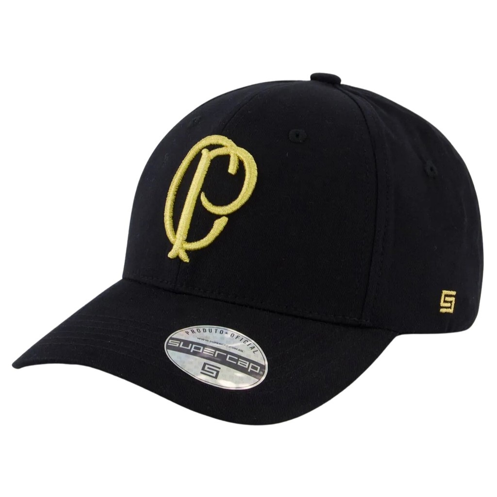 Boné Corinthians Preto e Dourado Aba Curva Timão Fecho Strapback
