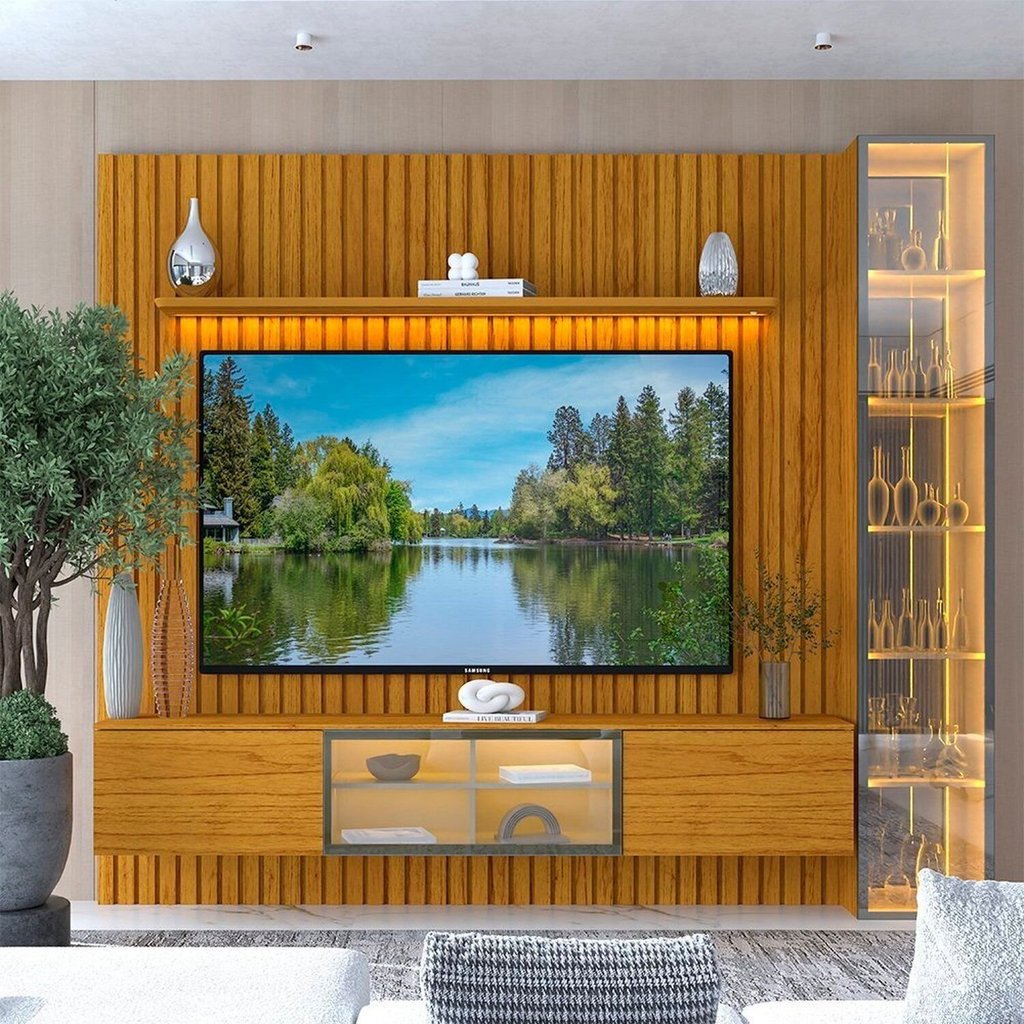 Estante para TV e Home Theater Ripado para TV até 84 Polegadas com LED 100% MDF 228,8CMX217CM 5 Portas Ripada com LED