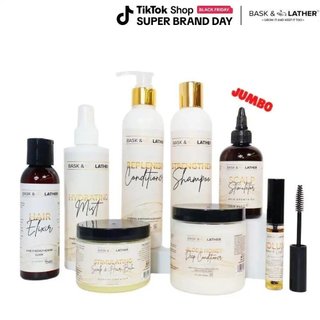 Bask & Lather Kit de Cuidados Capilares Definitivo - Edição Limitada com Estimulador Capilar JUMBO, Elixir Capilar, Névo