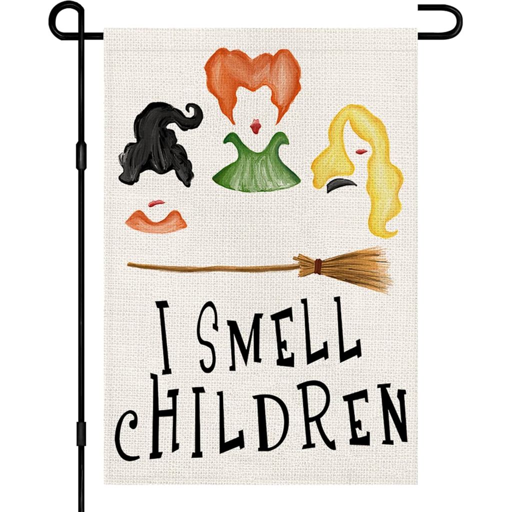 Bandeira de Jardim de Halloween 'I Smell Children' 12x18 Polegadas, Pequena de Juta, Fantasma Assustador, Vassoura das I