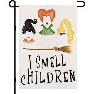Bandeira de Jardim de Halloween 'I Smell Children' 12x18 Polegadas, Pequena de Juta, Fantasma Assustador, Vassoura das I