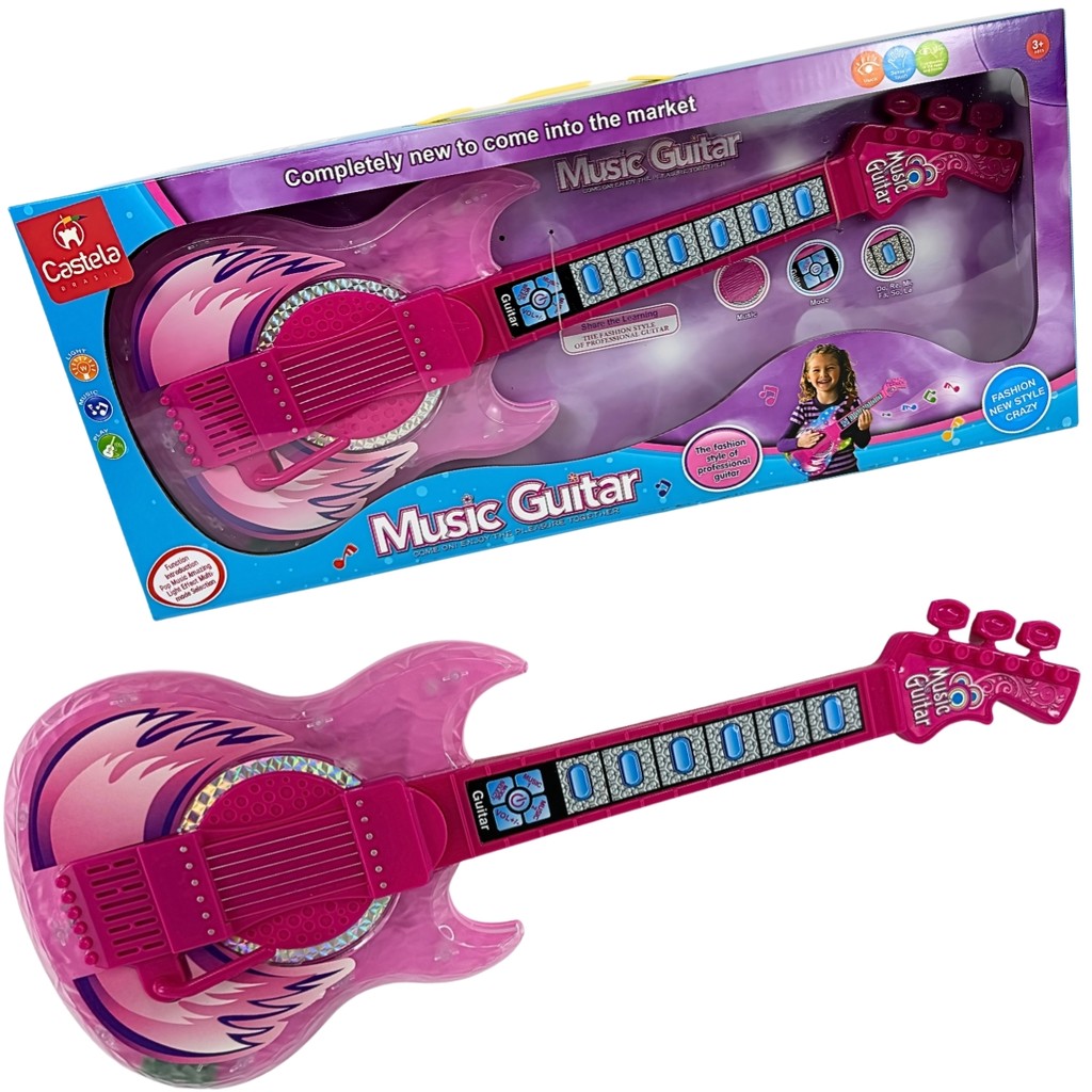 Guitarra De Brinquedo Infantil Rosa 48cm Castela Som e Luzes Botões Interativos Instrumento Musical Didático Menina